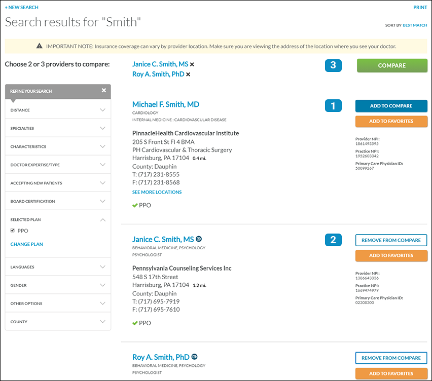 Compare providers page screenshot
